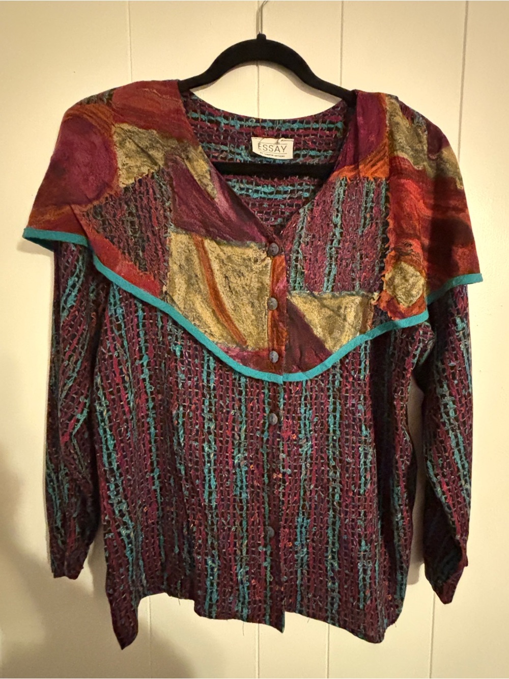 Retro Multicolor Textured Button-Up Sweater with Teal Trim
